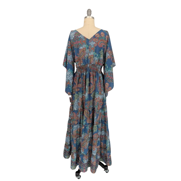 19974 Boemo Paisley Maxi Dress Blue size Small kimono sleeves bohemian beach - Picture 2 of 7